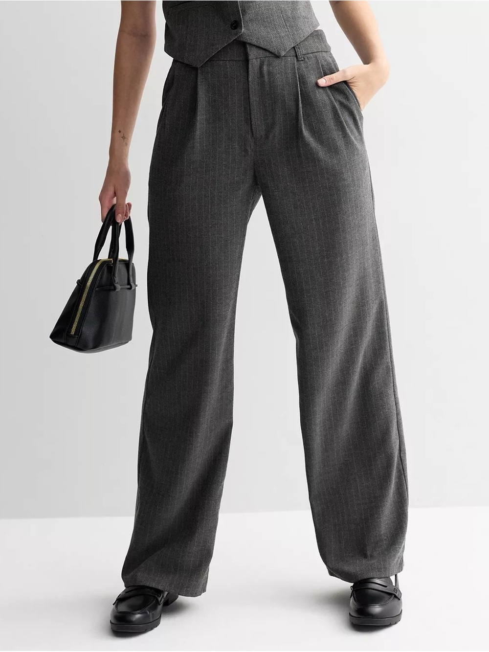 SO Juniors High Rise Wide Leg Trousers - Charcoal Pinstripe